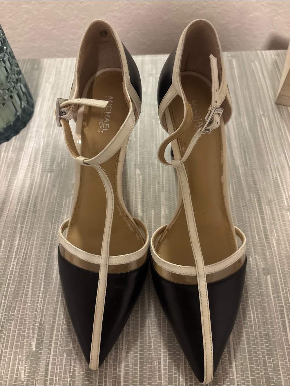 Michael Kors Black and Cream T-Strap Pointed Toe Heels